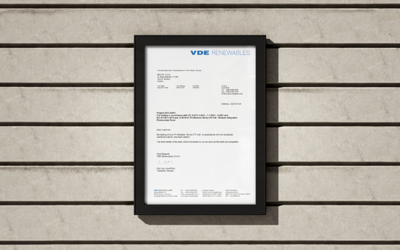 Certifikace panelu FIT VOLT společností VDE Testing and Certification
